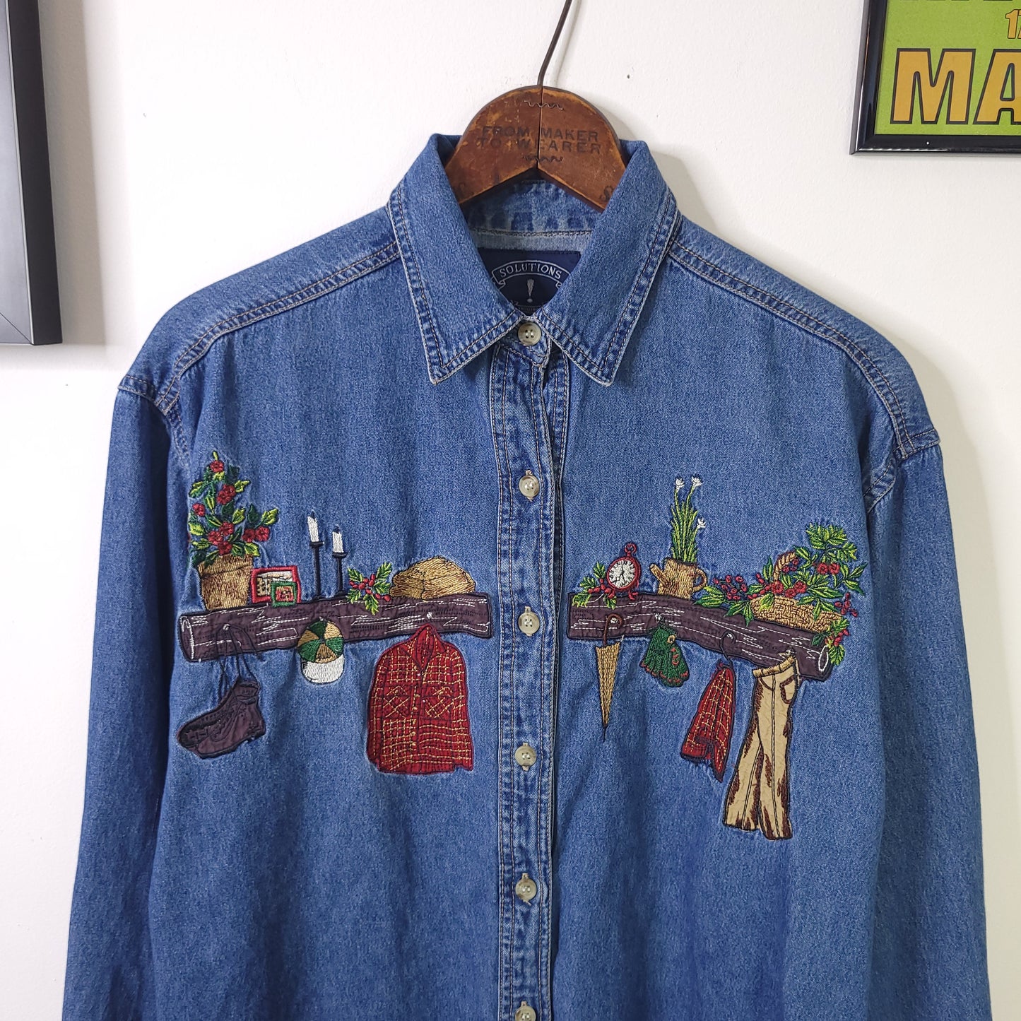 Vintage 90's Hand Embroidered Denim Button-up Shirt Sz S