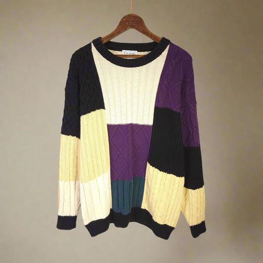 Vintage 90's Izod Color Block Cable Knit Chunky Cotton Sweater Men's Size M