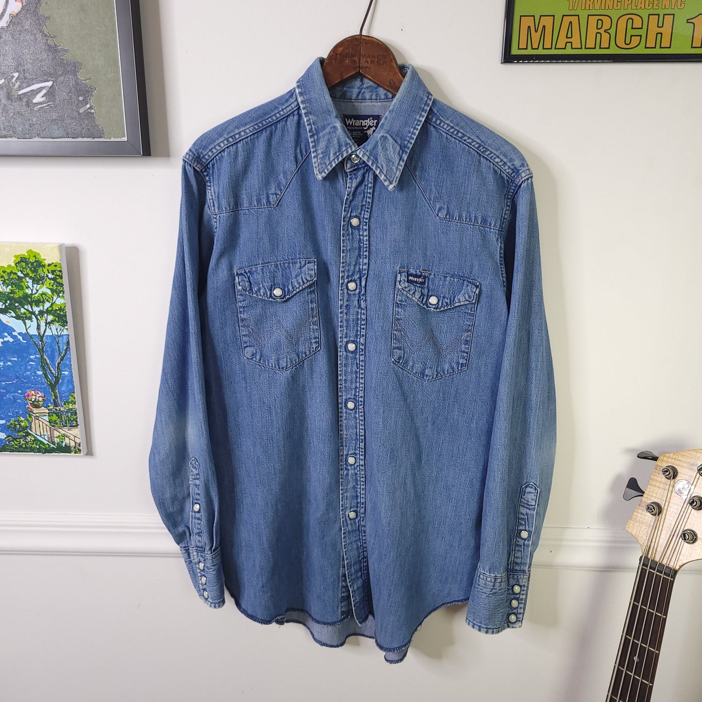 Vintage 1980s Wrangler Denim Pearl Snap Long Tails Western Shirt Sz L