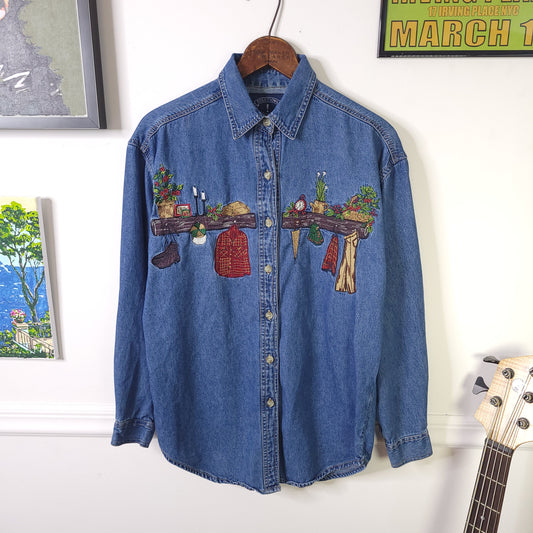 Vintage 90's Hand Embroidered Denim Button-up Shirt Sz S