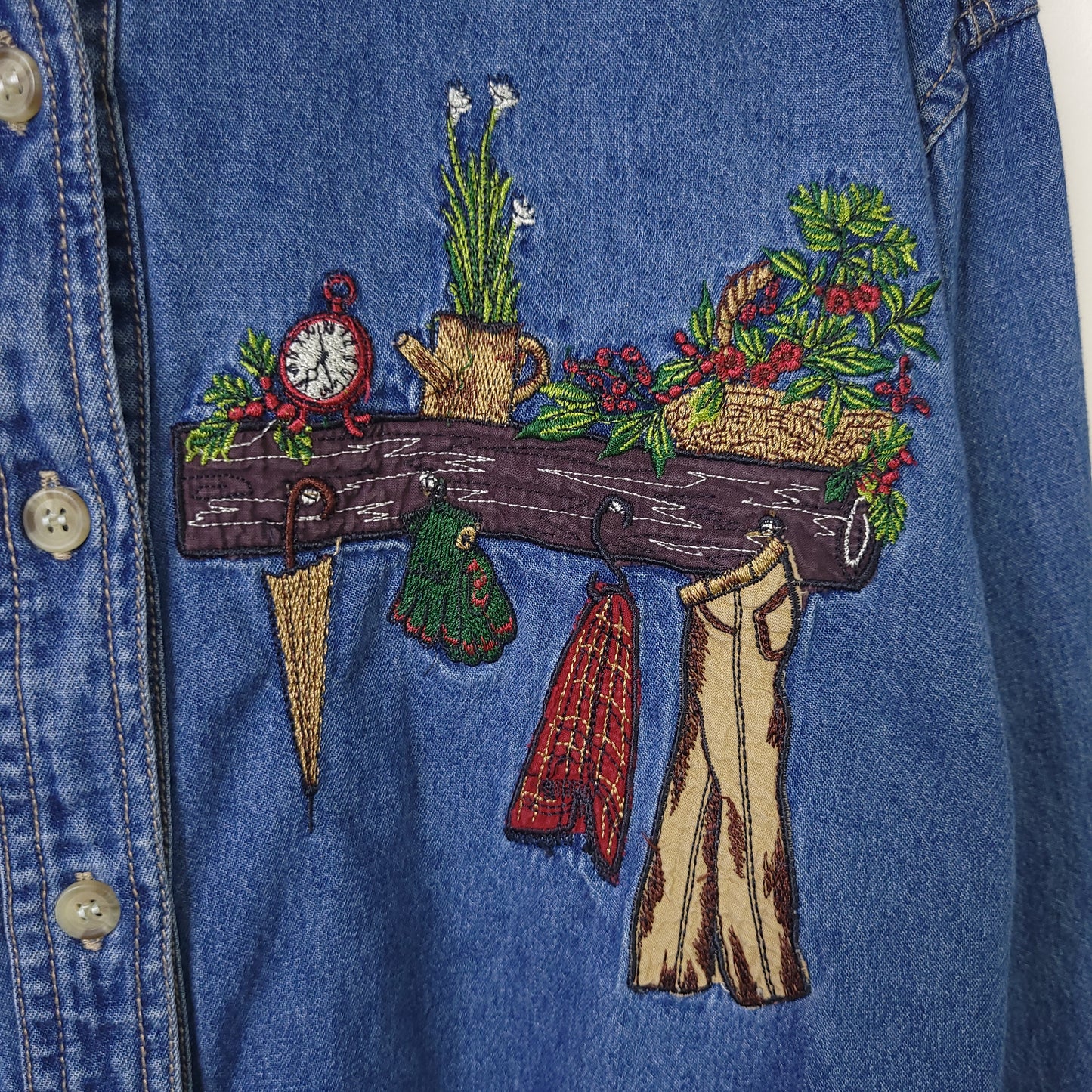 Vintage 90's Hand Embroidered Denim Button-up Shirt Sz S