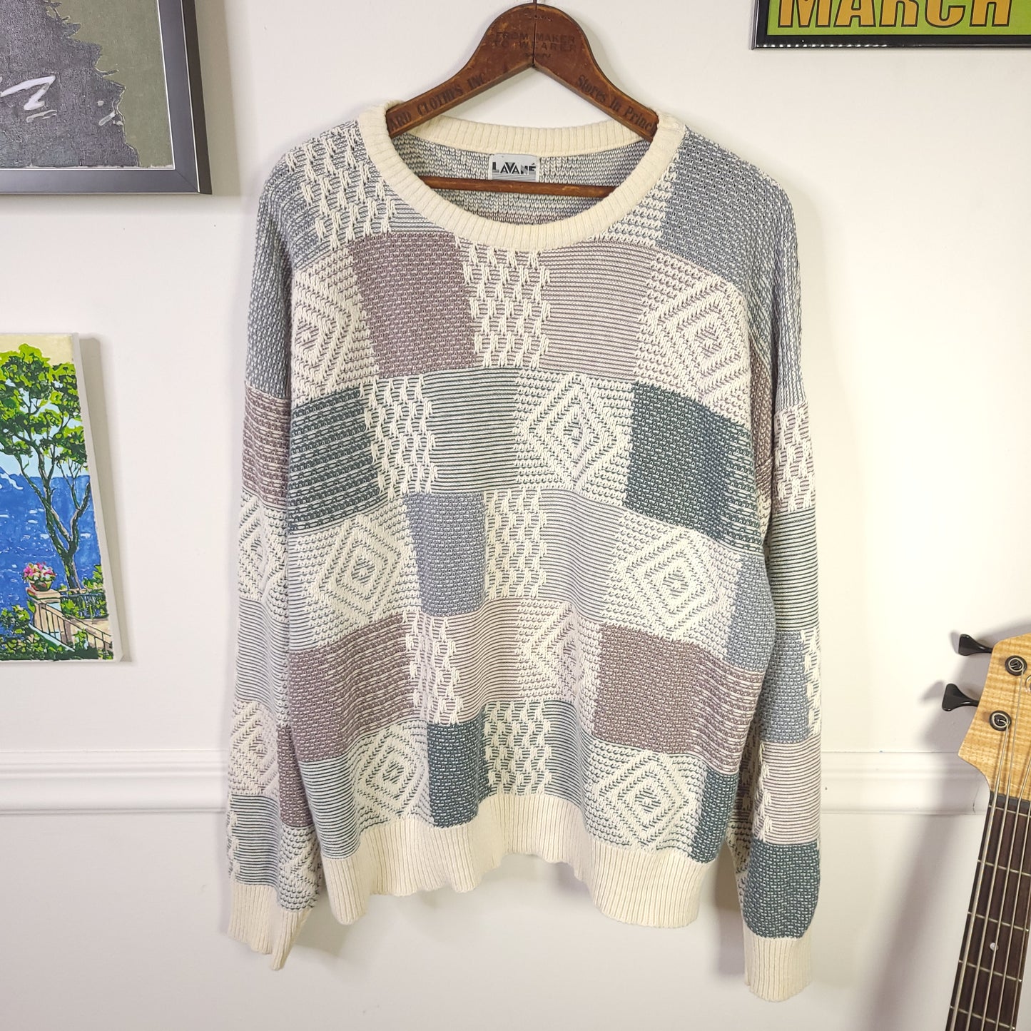 Vintage 90's Plaid Geometric Knit Cotton Sweater Sz L