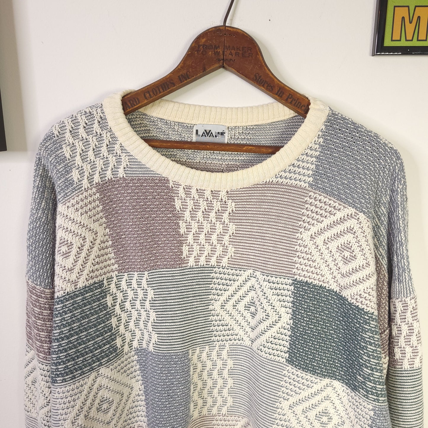 Vintage 90's Plaid Geometric Knit Cotton Sweater Sz L