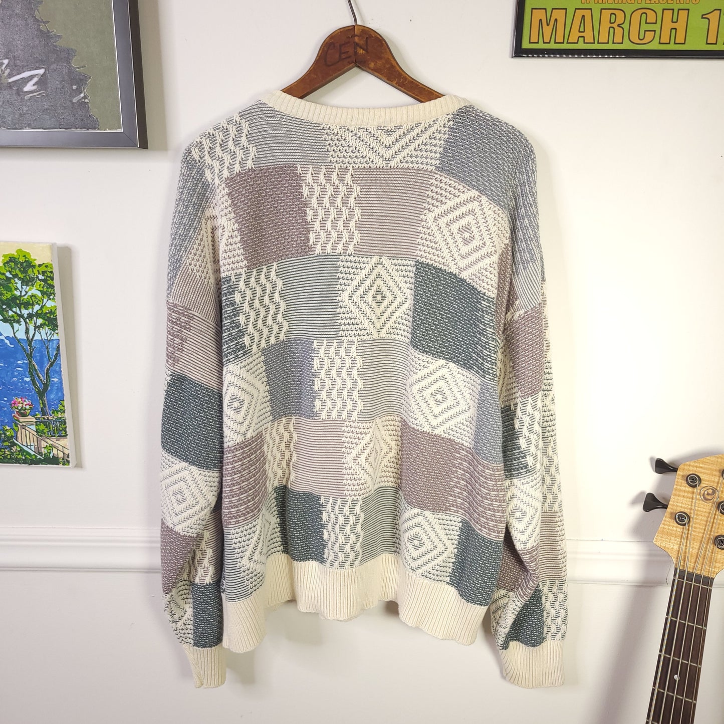 Vintage 90's Plaid Geometric Knit Cotton Sweater Sz L