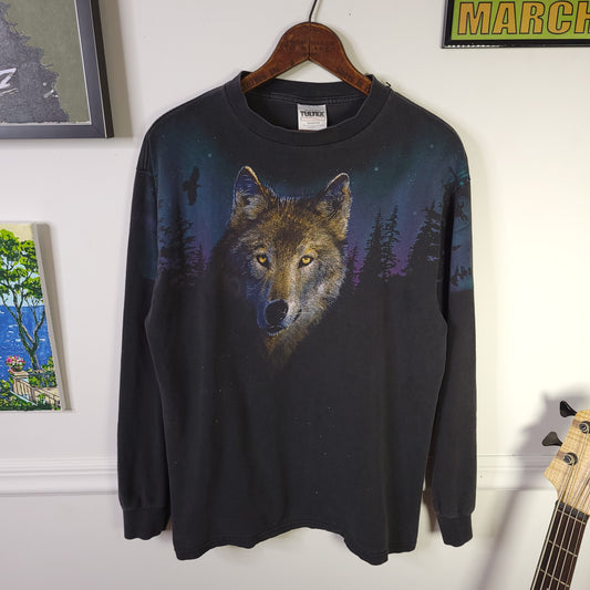 Vintage 90's Wolf Wraparound Long Sleeve Nature Shirt Sz L