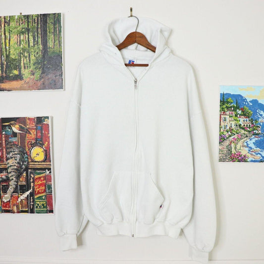 Vintage Russell Athletic Blank White Hoodie Full Zip Size XL