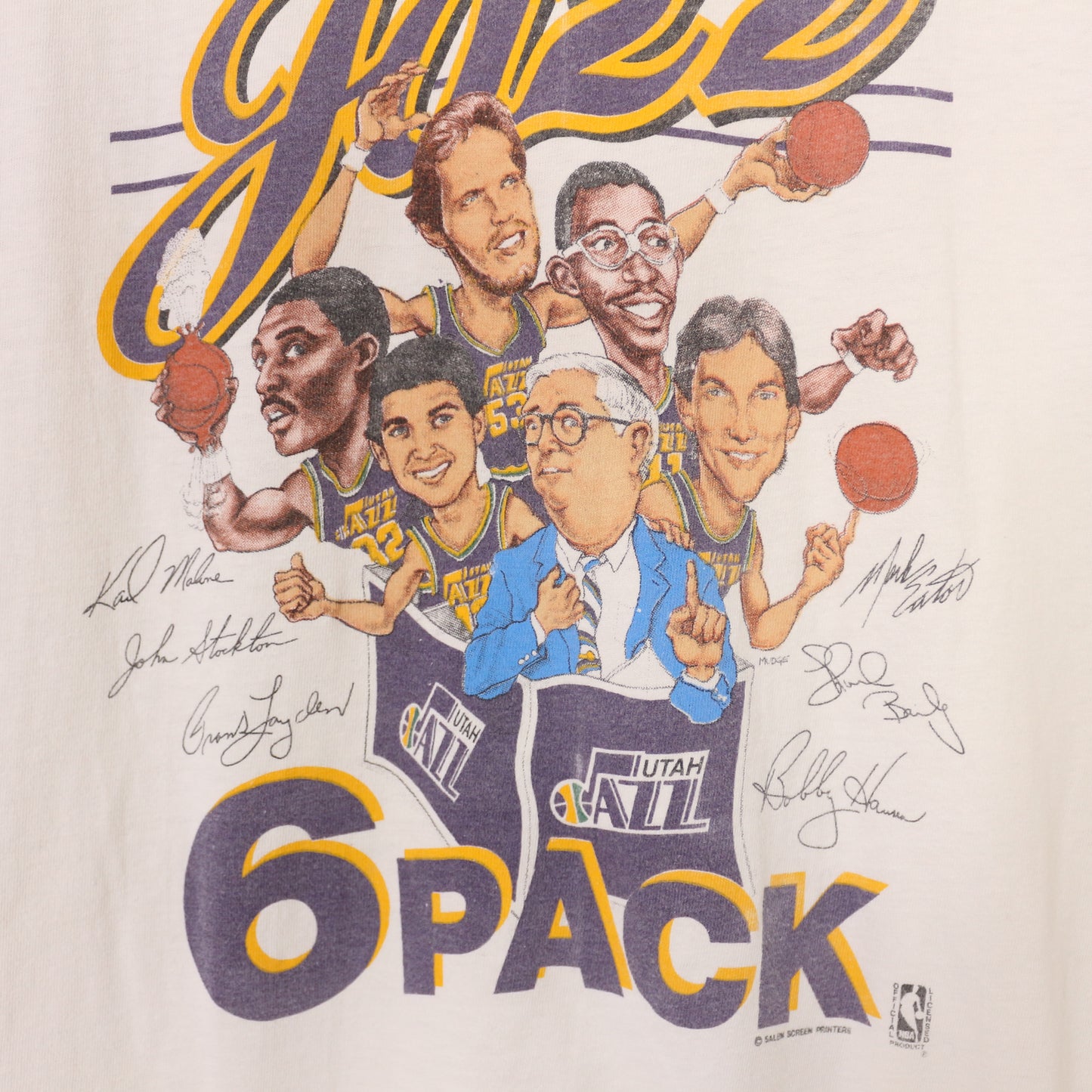 Vintage 90's Utah Jazz Team Autograph Caricature Cream T-Shirt Men's Size XL