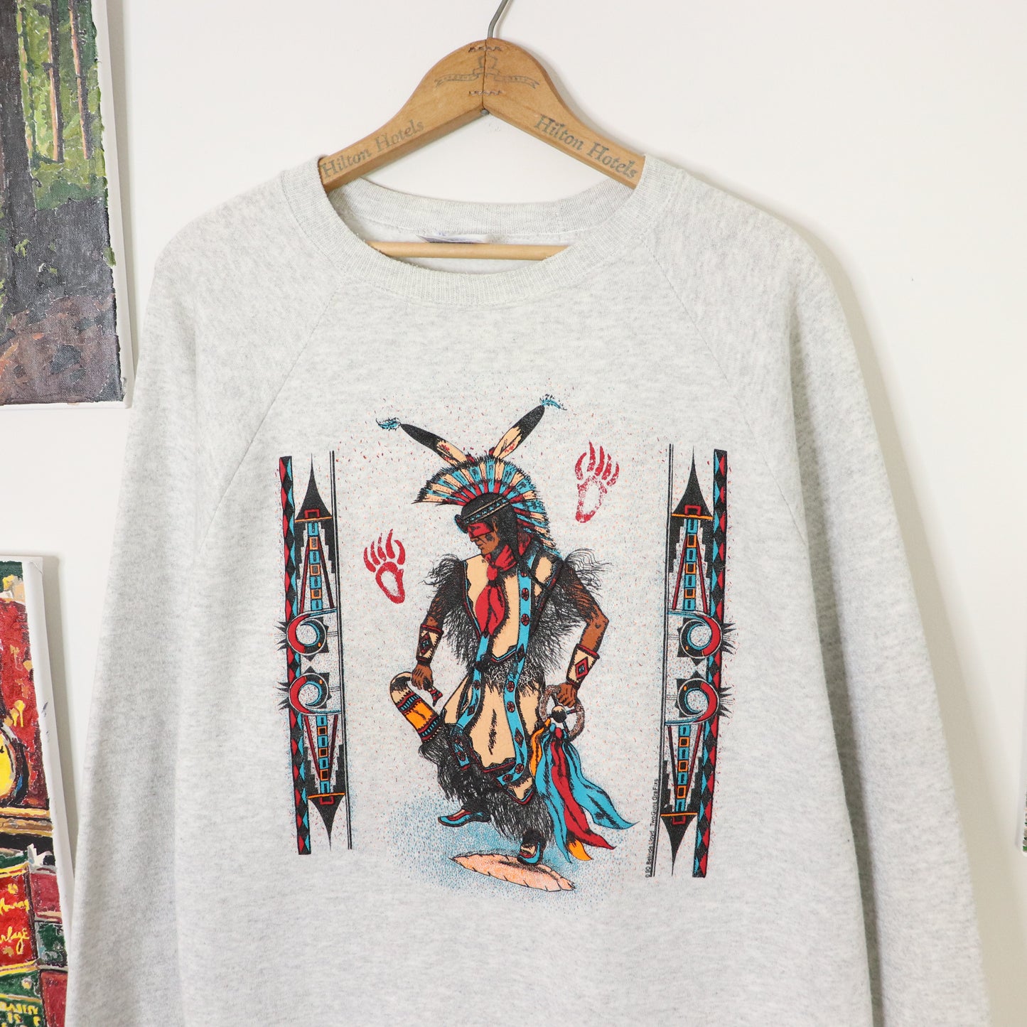 Vintage 80's Native Indian Graphic Art Crewneck Sweatshirt Size XL Made in USA