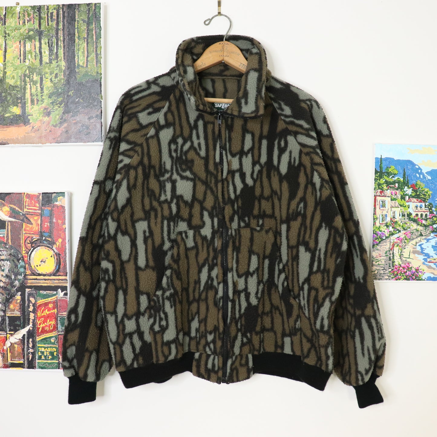 Vintage Tree Bark Camo Full Zip Fleece Jacket Men's Sz XL