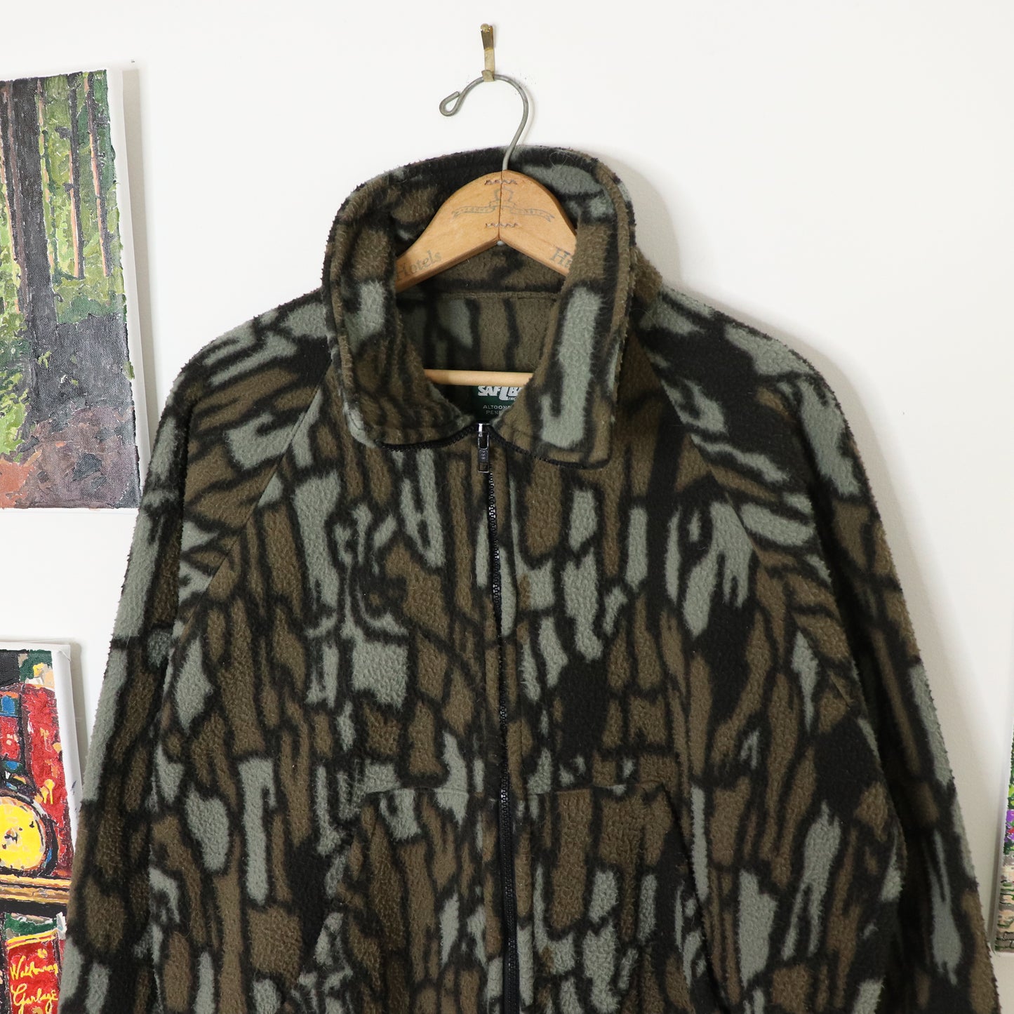 Vintage Tree Bark Camo Full Zip Fleece Jacket Men's Sz XL