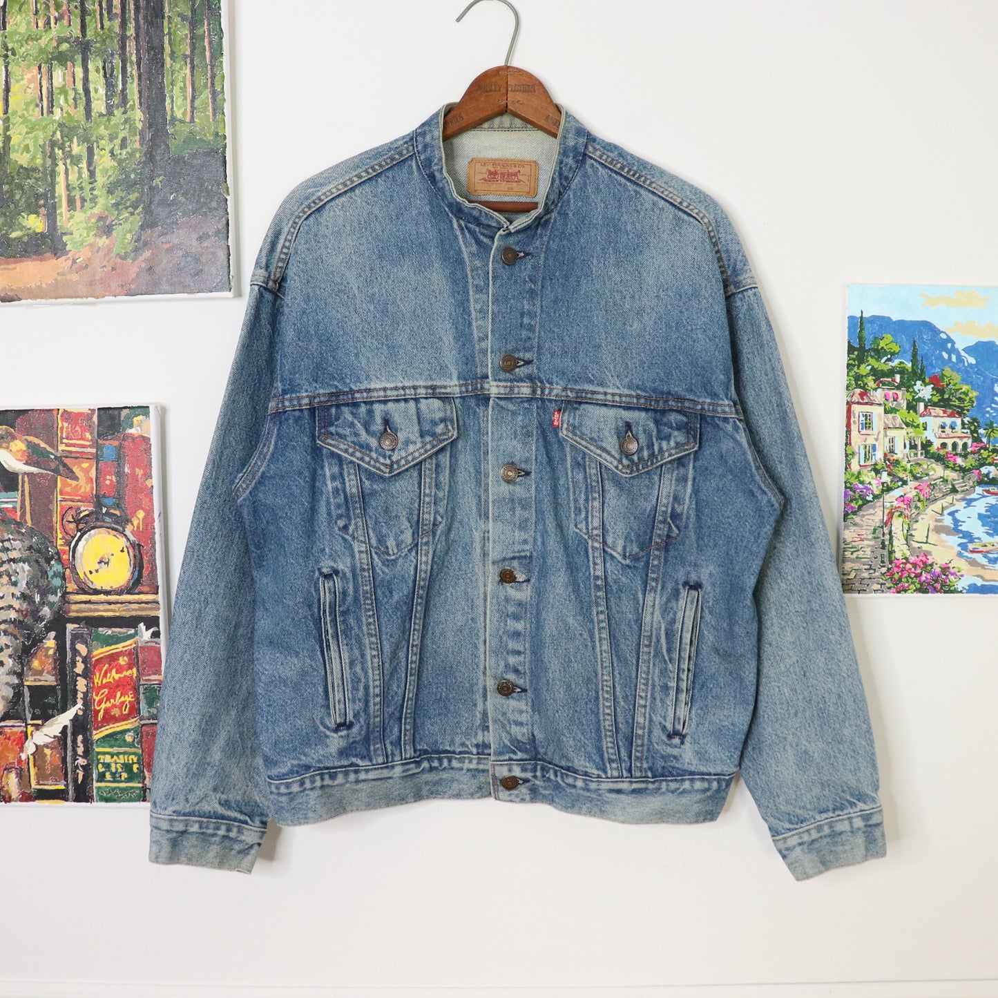 Vintage 80's Levi's Faded Denim Trucker Jacket Collarless Collar Men's Sz M