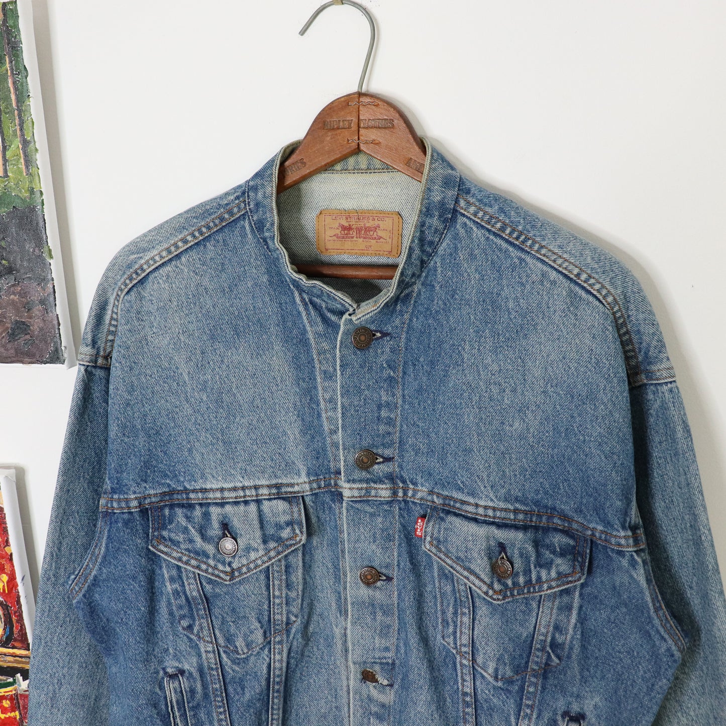 Vintage 80's Levi's Faded Denim Trucker Jacket Collarless Collar Men's Sz M