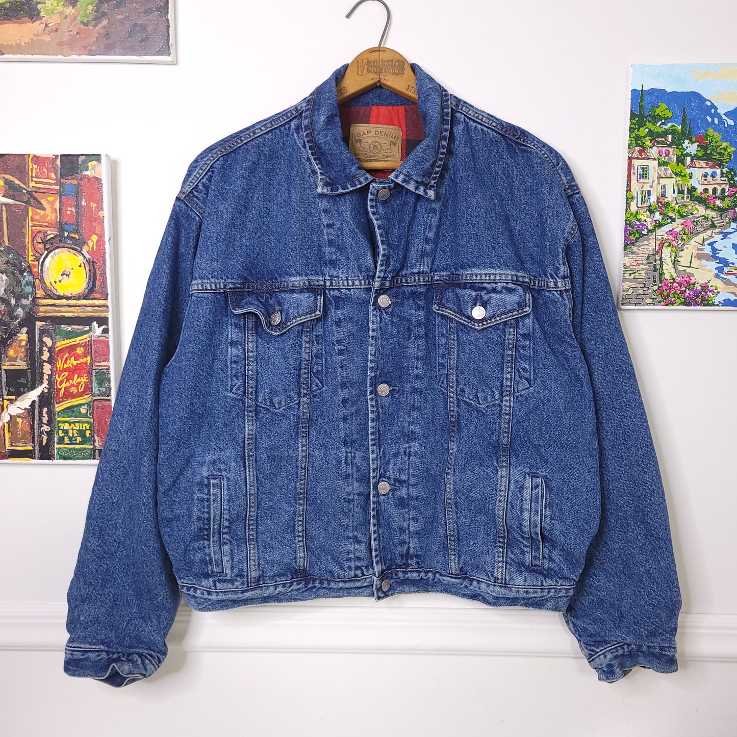 Vintage 90's GAP Flannel Lined Jean Trucker Jacket Men's Sz L Denim