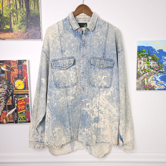 Vintage 80's Denim Acid Wash Button Down Denim Shirt Size XL Heavyweight